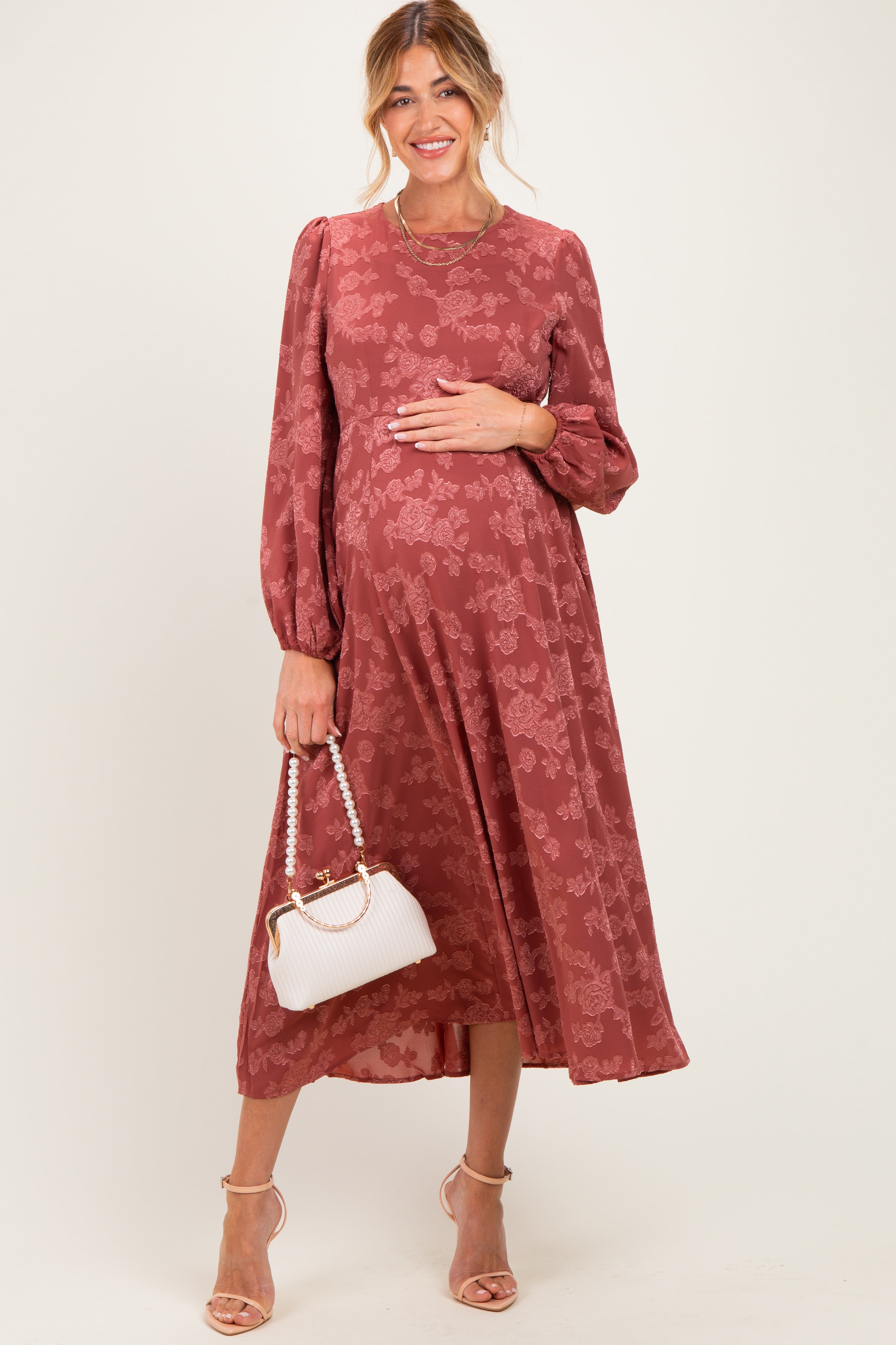 Rosewood Embossed Velvet Floral Maternity Maxi Dress