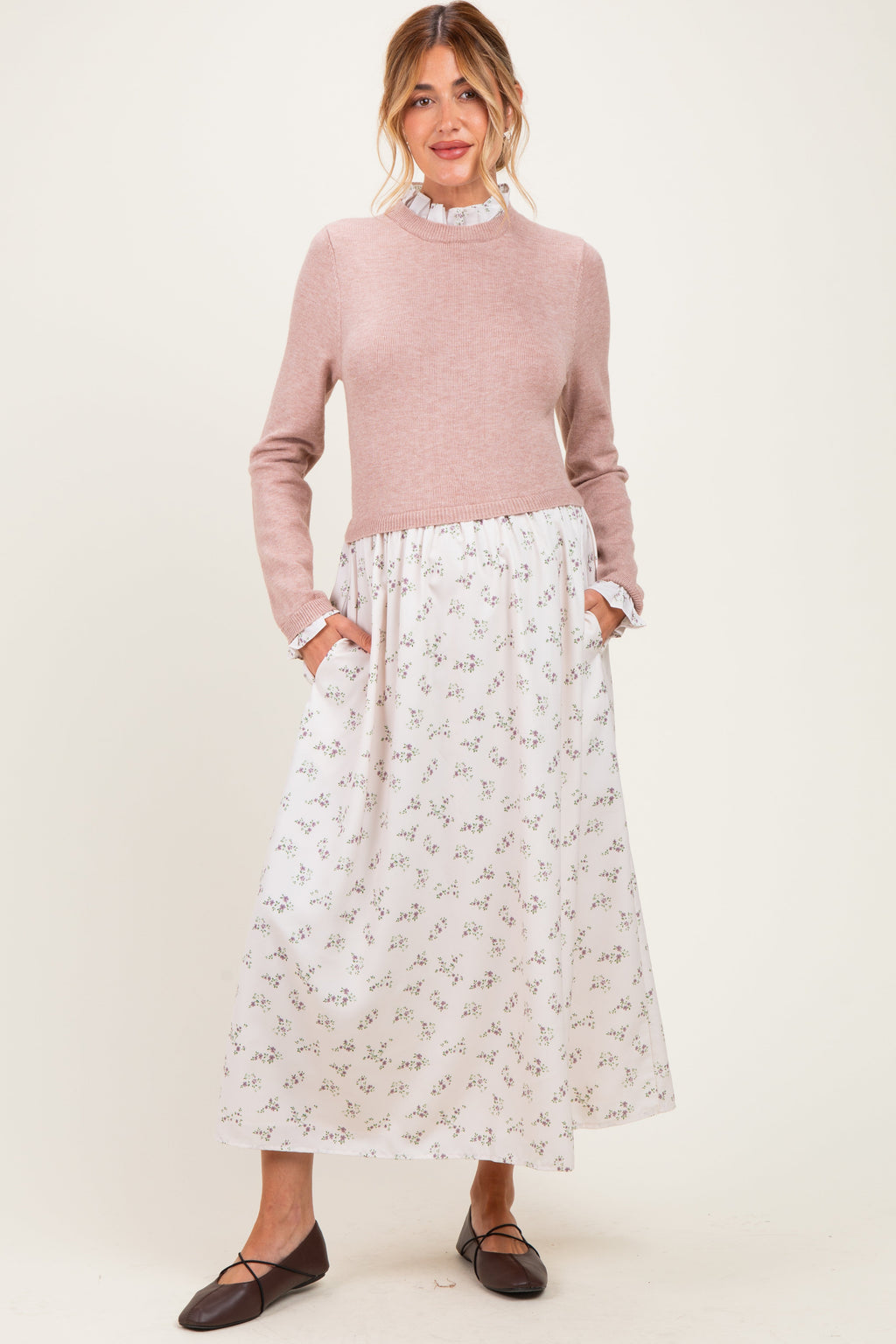 Cream Floral Sweater Contrast Maternity Midi Dress